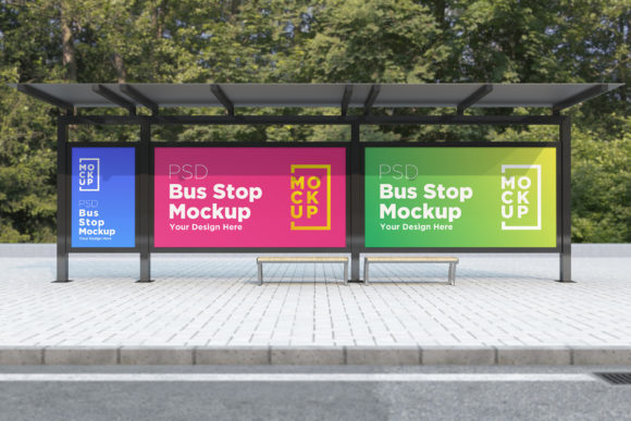 Bus Stop with Three Billboard Sign Mockup: A Practical Tool for Advertising Designers