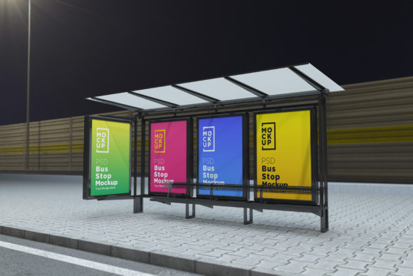 Enhance Your Advertising Designs with the Night View Bus Stop Billboard Mockup