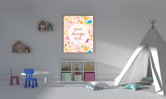 Kids Bedroom with Teepee Tent and Empty Wall Mockup for Creative Branding